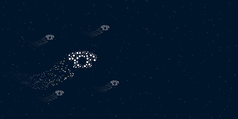 A vintage telephone symbol filled with dots flies through the stars leaving a trail behind. There are four small symbols around. Vector illustration on dark blue background with stars