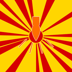 Garland light bulb symbol on a background of red flash explosion radial lines. A large orange symbol is located in the center of the sunrise. Vector illustration on yellow background