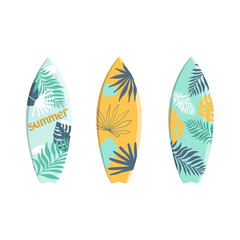 Set of vector surfboards in tropical design with palm and monstera leaves on a white background. Vector illustration for icon, logo, print, card, cover, bags, case, invitation, emblem, label, t-shirt