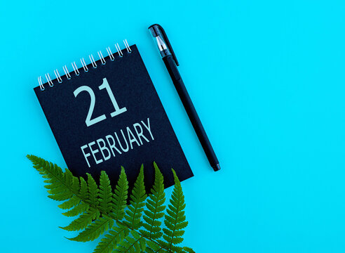 February 21th. Day 21 of month, Calendar date. Black notepad sheet, pen, fern twig, on a blue background. Winter month, day of the year concept