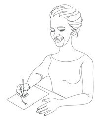 Silhouettes of a lady, she writes with a pen on paper in a modern one-line style. Solid line, aesthetic outline for home decor, posters, stickers, logo. Vector illustration.