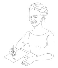Silhouettes of a lady, she writes with a pen on paper in a modern one-line style. Solid line, aesthetic outline for home decor, posters, stickers, logo. Vector illustration.