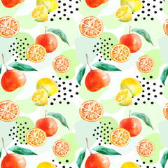 Fruits seamless pattern with mandarine and lemon watercolour. Hand drawn fruits watercolour. Food illustration on abstract background.
