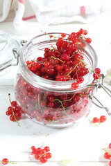 Red currants in a glass jar on a white background
