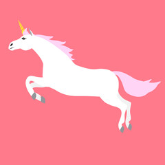 Vector flat cartoon hand drawn jumping unicorn isolated on pink background