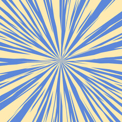 Pop art radial colorful comics book magazine cover. Striped blue digital background. Cartoon funny retro pattern strip mock up. Vector halftone illustration. Sunburst, starburst shape