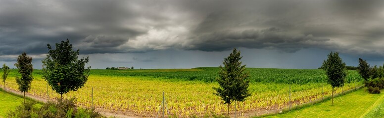 Dramatic view of a shelf cloud over a field, horizontal cloud formation, panorama view.