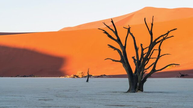 Timelapse view of sunrise over Deadvlei, Namib-Naukluft National Park, Namibia, Africa, zoom out. 