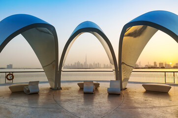 Dubai city skyline in the evening. A view from Dubai creek harbour district.