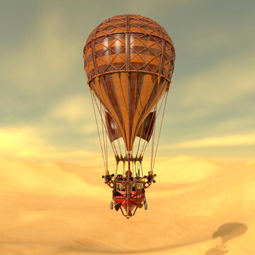 vintage air balloon is crossing the desert dune rear view