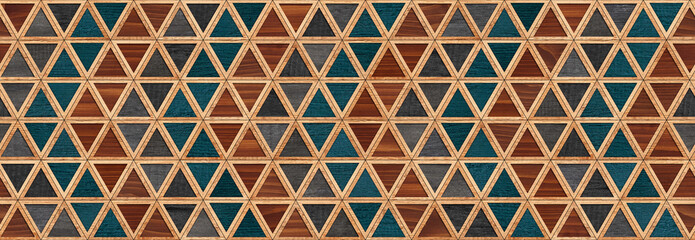 Seamless wooden background with geometric pattern. Modern wall panel made of wooden triangular cells in brown, blue and black colors.