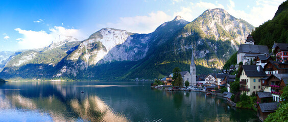 Church and town at mountain lake, Hallstatt, Austria