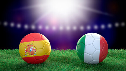 Fototapeta premium Two soccer balls in flags colors on stadium blurred background. Spain and Italy. Semifinal. 3d image