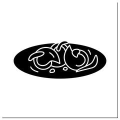 Peppered snail glyph icon. Nigerian appetizer. Tasty and spicy delicacy. Afro-Caribbean food.Local food concept. Filled flat sign. Isolated silhouette vector illustration