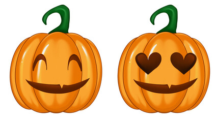 Illustration of two pumpkins with emoticons in the eyes.