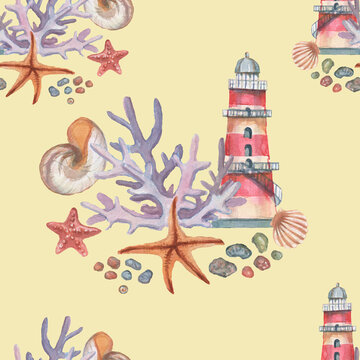 lighthouse jellyfish starfish  corals shells seamless pattern beach watercolor illustration hand drawn print textiles vintage retro. set cartoon ocean realistic sketch sea travel
