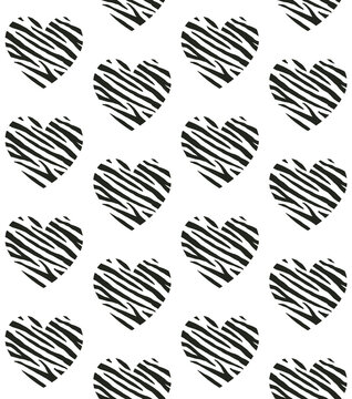 Vector seamless pattern of flat heart with zebra stripes fur print isolated on white background