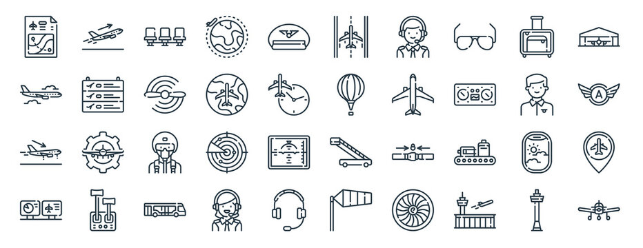 linear pack of aviation line icons. linear vector icons set such as takeoff, runway, air balloon, landing, monitors, aircraft. vector illustration.