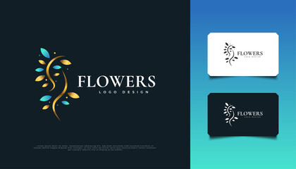 Elegant Flowers Logo Design in Blue and Gold, Suitable for Spa, Beauty, Florists, Resort, or Cosmetic Product Identity