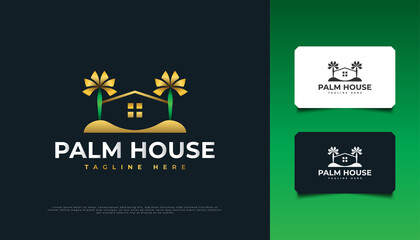 House and Palm Trees Logo in Green and Gold, Suitable for Real Estate, Travel, or Tourism Industry