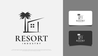 House and Palm Tree Logo Design in Minimalist Style, Suitable for Resort, Travel, Lodging, or Tourism Industry