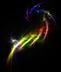 Abstract background, smooth multicolored lines on a black background.