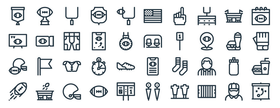 linear pack of american football line icons. linear vector icons set such as trophy, usa, bench, american football, ball, tactics. vector illustration.