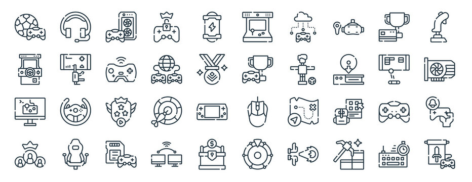 linear pack of gaming line icons. linear vector icons set such as headset, arcade machine, competition, game emulator file, score, quest. vector illustration.