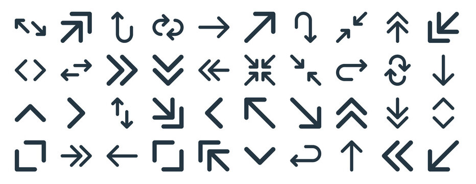 linear pack of arrows line icons. linear vector icons set such as turn right, up right, minimize, up arrow, maximize, left down. vector illustration.