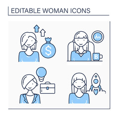 Woman line icons set. Boss, startup creator, venture capitalist, entrepreneur. Successful woman concept. Isolated vector illustrations.Editable stroke
