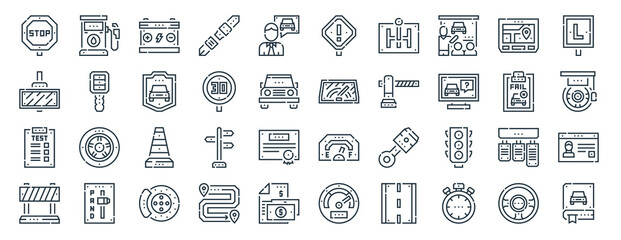 Obraz na płótnie Canvas linear pack of driving school line icons. linear vector icons set such as gas station, warning, wiper, test, traffic barrier, driving. vector illustration.