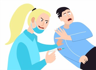 The guy is very afraid of vaccinations. The emotion of fear of a person. The nurse gives the injection. Human emotions. A doctor in a medical gown holds a syringe in his hand. Scared guy.