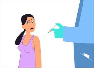 Girl is very afraid of vaccinations. Emotion of fear of a person. Healthcare professional gives injection. Human emotion. Doctor in a medical gown holds a syringe in his hand. Scared girl.