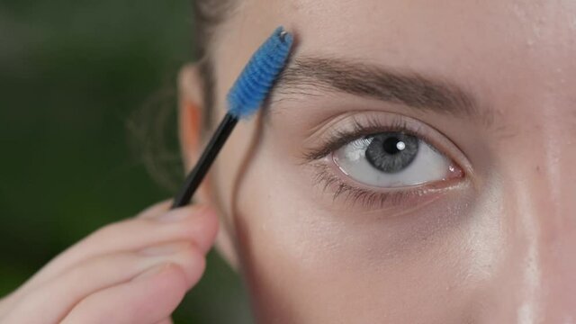 Eyebrow lamination and styling procedures. Close-up of young woman combing her brow.
