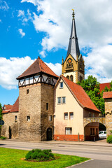 Fototapeta na wymiar Fortification wall and tower in Möckmühl, Eifel, Germany