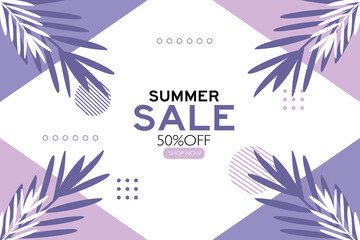 Fototapeta na wymiar Summer sale banner for business. Advertising design concept with tropical leaves background and summer sale text.