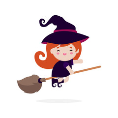 Happy Halloween for Cute little witch flying on broom. Girl kid in Halloween costume isolated on white background, Kid Costume halloween Party Vector illustration.
