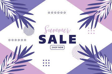 Summer sale banner for advertising with tropical leaves background and summer sale text. Vector illustration.