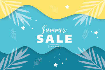 Fototapeta na wymiar Summer sale banner and background with tropical leaves. Paper cut design. Vector illustration.