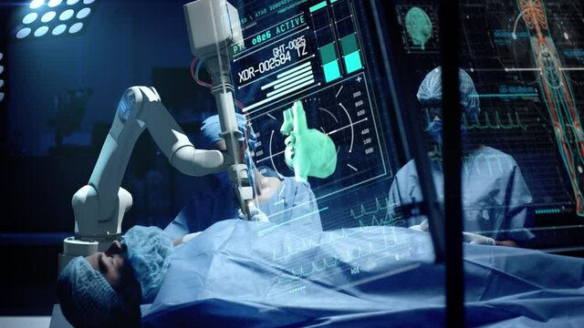 Team of surgeons perform a delicate operation using medical surgical robot while observing data on transparent screens. Modern medical equipment. Robotic arm for minimal invasive surgery.