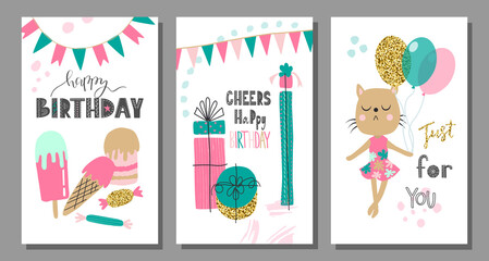Fototapeta na wymiar Birthday invitations, greeting cards with cute animals, balloons, gifts, ice cream, candy, flags.Vector illustration