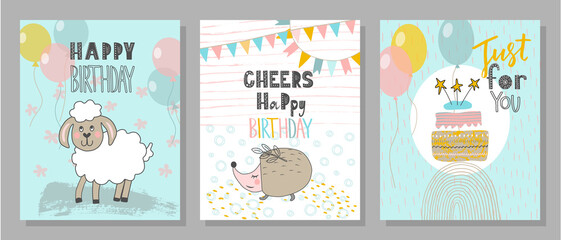 A set of birthday greeting cards and party invitation templates with cute animals, cake, balloons,flags.Vector illustration