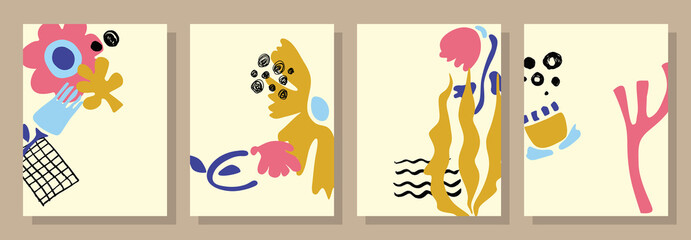 A colorful set of abstract maps.Illustrations with flowers, leaves, creative doodles of various shapes.Fashion design for banner,postcards, invitations, greetings, children's theme