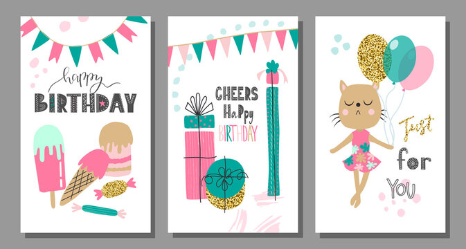 Birthday invitations, greeting cards with cute animals, balloons, gifts, ice cream, candy, flags.Vector illustration