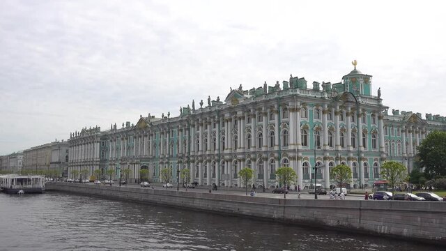 State Hermitage, palace embankment, Neva river. Russia, Saint Petersburg June 2021