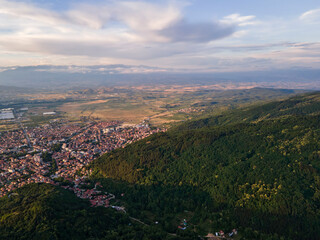 Aerial Sunset view of town of Petrich, Bulgaria