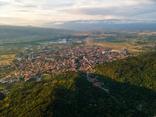 Obraz premium Aerial Sunset view of town of Petrich, Bulgaria