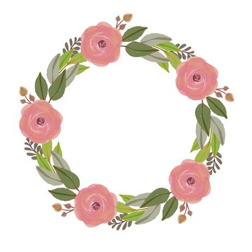 reses wreath, circle frame with pink roses and leaf border for wedding card