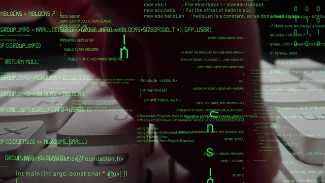 Creative visual of computer programming coding and software development shown by man working on computer keyboard with overlay of computer graphic displaying abstract program codes and computer script
