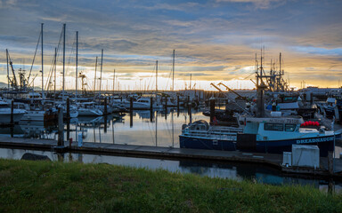 Bellingham, Washington, USA - May 6 2021: A Harbor at sunset. View from Fisherman`s memorial at Zuanich Point Park. 